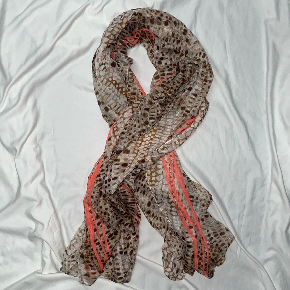 Calvin‎ Klein Leopard Brown Scarf with Neon Coral Stripes